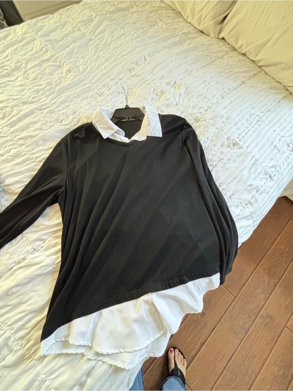 Black Layered Sweater Top w/White Shirt Hem, Size XL, Like New (Washed,not worn)